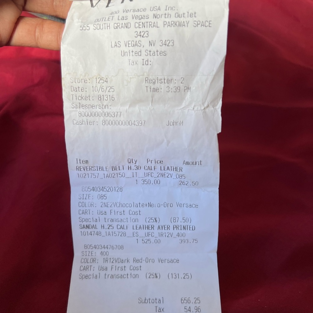 Versace Las Vegas Outlet Receipt